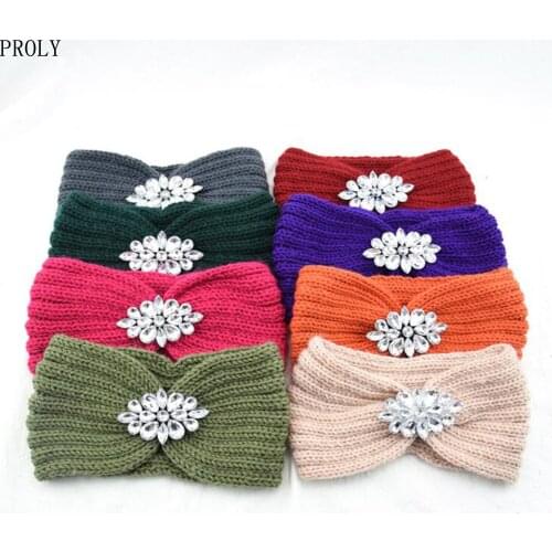 PROLY New Fashion Turban Shining Rhinestone Flower Headband Middle Side Classic Solid Color High Elastic Hair Band Adult