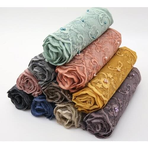 Plain Embroidered Cotton Scarf Hijab Lace Floral Shawl Pearl Flower Scarves Headband Muslim Women Hijab Islam Turban Foulard