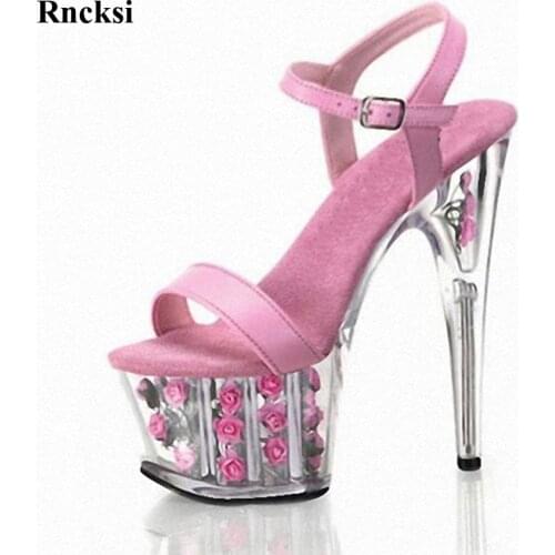 Rncksi New Elegant Ankle Strap Pink Flower Sole Design 15CM High Heel Shoes Sandals Pole Dance Shoes High Heel Wedding Shoes