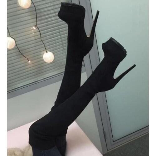 Sexy Black Suede Thigh High Stiletto Boots Round Toe High Platform Women High Boots Plus Size 11 Slim Fit Winter Long Boots S