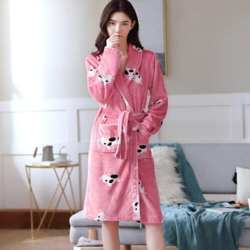 Winter Autumn Spring Flannel Kimono Robe Cute Cow Cartoon Animal Bathrobe Women Long Robe Night Casual Bath Robe Night Grow