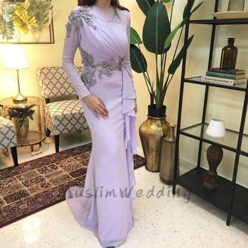 Chic Lilac Muslim Evening Dress With Lace Appliques Long Sleeve Prom Dresses Tight Ladies Formal Party Wear Skirts Arabic Prom