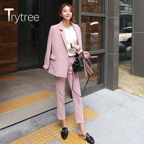 Trytree 2020 Summer Women Two Piece Set Casual Turn-down Collar Double Breasted Tops + Pants Solid Button Suit Set 2 Piece Set