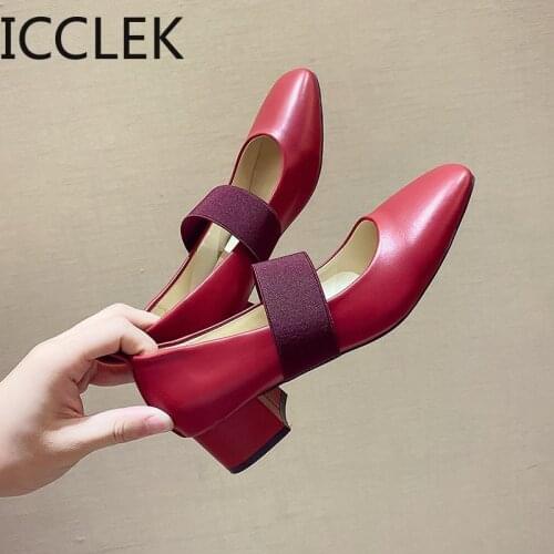 Women Leather Pumps Shoes Low Square Heel Retro Square Toe Mary Janes Casual Lady Shoes Female Weekly Pumps