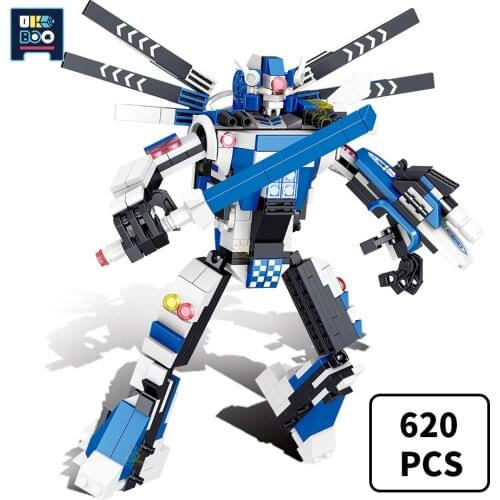 UKBOO 620PCS City 4IN1 Police Rescue Robot Building Blocks Eductional Assemble Military Car Helicopter Mecha Bricks Toys For Kid