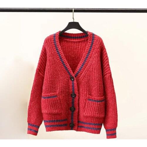 High Quality Large Size Women 2019 Autumn Sinter Sweater Korean Version Double Pocket Striped Solid Color Jacket Female Sweater