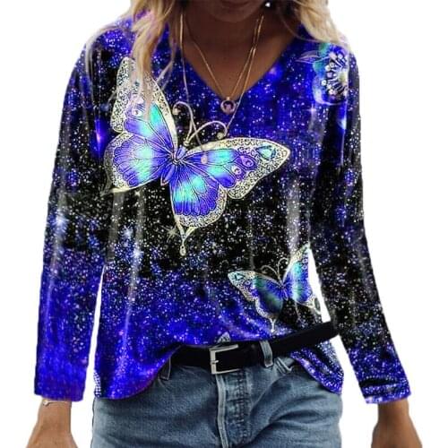 Women autumn butterfly print t shirt casual loose long sleeve v neck colourful plus size t-shirts casual loose fall tees top 5XL