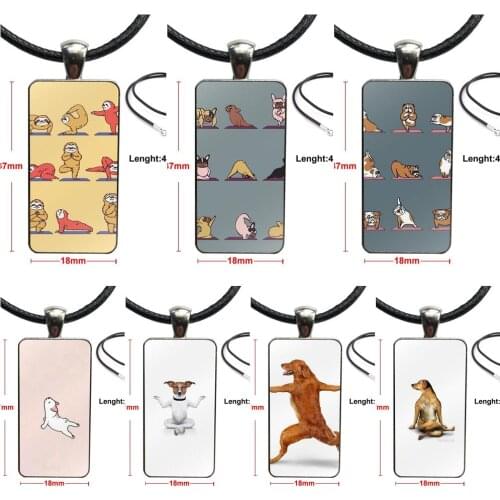 For Women Cartoon Funny Yoga Dog Pug Necklace With Stainless Steel Plated Glass Cabochon Choker Long Pendant Rectangle Necklace