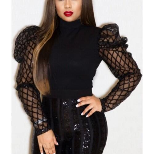 2021 Women Plus Size Puff Sleeve Mesh See Through Long Sleeve O-Neck Top Shirt Black Spring Fall Chic Slim Shirt