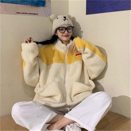 Womens Lamb Wool Cardigan Coat Zip-Up Loose Oversize Woman Top Casual Outfits Stitching Warm Jackets Veste Femme Women Clothing