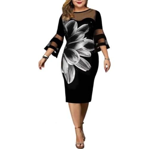 Sexy Women Dress Summer 3/4 Sleeve Mesh Patchwork Floral Print Bodycon Knee-length Bodycon Dress for Party White xxl robe femme