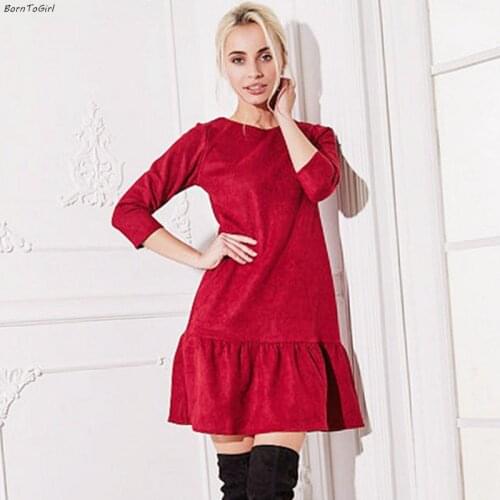 BornToGirl 2020 Autumn Winter Suede Dress Women Three Quarter Sleeve Round Neck Black Red Dress robe femme