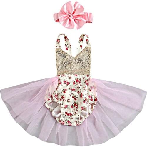 2021 0-24M Princess Infant Baby Girl Playsuit Dress Sequins V Neck Sleeveelss Patch Floral Print Tulle Romper Dress Summer 2pcs