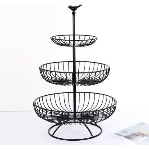 3 Layers Iron Fruits Basket Multi-storey Food Snacks Storage Tray for Dining Room Black Vintage with Stand organizer Hollow Out