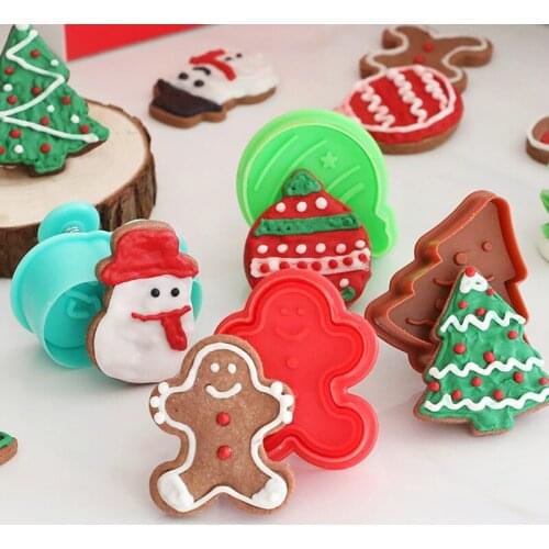 4pcs Stamp Christmas Tree Snowman Biscuit Mold 3D Cookie Plunger Cutter Pastry Decorating DIY Food Fondant Baking Mould Tool