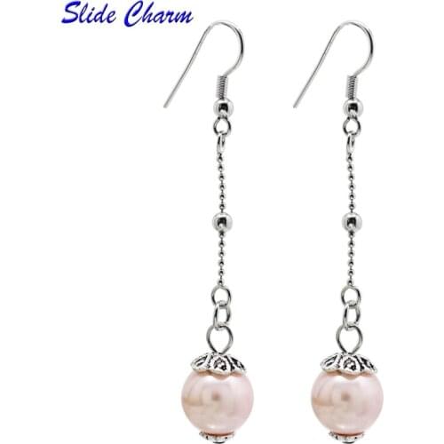 Slide charm Free shipping Classic popular personality female jewelry earrings pink faux pearl pendant earrings