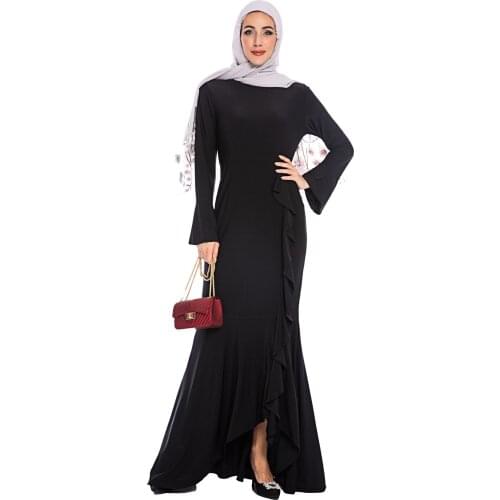 BianFeng Womens Ruffle Fishtail Muslim Abaya Hijab Dress Solid Long Sleeve Slim Fit Dress