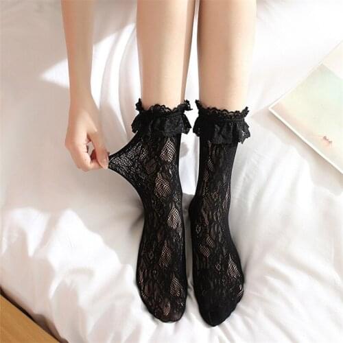 CUHAKCI Lovely Girls Sweet Elastic Jacquard Ruffle Fishnet Black White Stockings Transparent Hollow New Lace Knee High 1 Pair