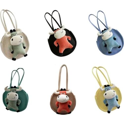 D0LF Women Woven Straw Circular Shoulder Bag Cartoon 3D Cow Toy Beach Tote Handbag