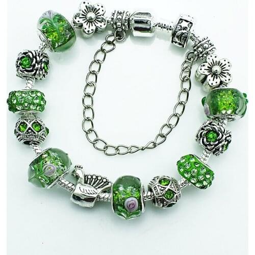 JINGLANG Fashion Silver Plated European Green Rhinestone Beaded Infinity Cuff Bracelets For Women DIY Jewelry