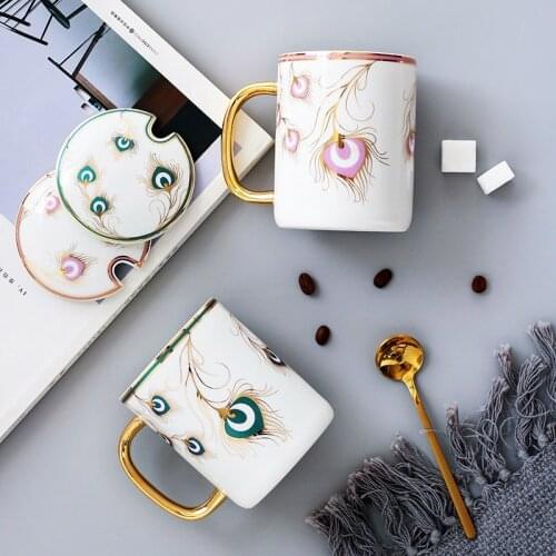 Nordic Ceramic Mugs Peacock Simple Water Cup With Spoon Lid Coffee Milk Tea Drinking Home Drinkware Decoration