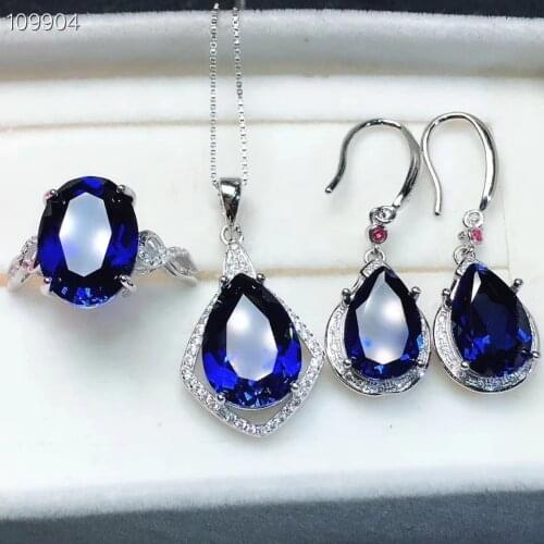 KJJEAXCMY boutique jewels 925 Silver-inlaid Natural Sapphire Ring + Pendant + Necklace + Earring Set Support Detection