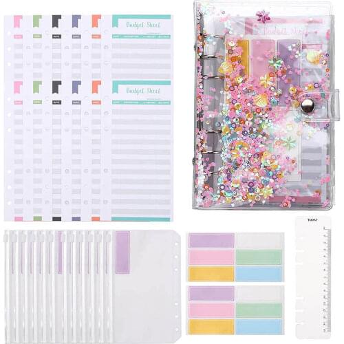 28 Pcs A6 PVC Sequins Binder Budget Cash Envelopes With 12 Clear Zipper Pockets,12Budget Sheet, Color Stickers, Scale Ruler
