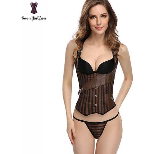 Steampunk Corset Vest Style Underbust Push Up Striped Fabric Spiral Steel Boned Corselet Belt Pocket Punk Coffee Outwear Bustier