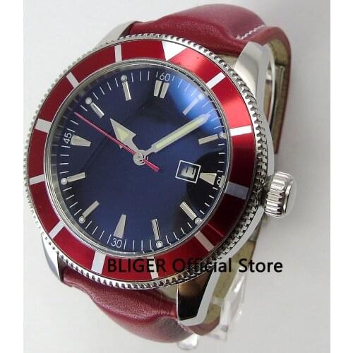 Red Sterile Automatic Mens Watch Luminous Hand Date Window 46mm Leather Strap Turning Bezel
