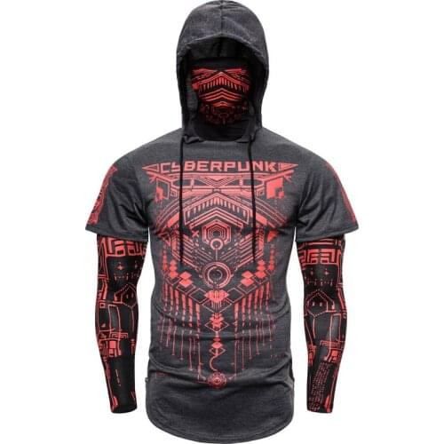 Stretch Fitness Mens Hoodie Fake Two-piece Ninja Suit Hooded Long-sleeved Sweater Face Mask Riding T-shirt Hooded Sweatshirt