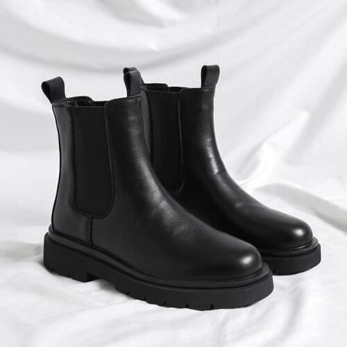 Winter Black Chelsea Boots Men High Top Breathable Casual Shoes Thick Soles Plush Lined Leather Boots Easy Matching Men Shoes