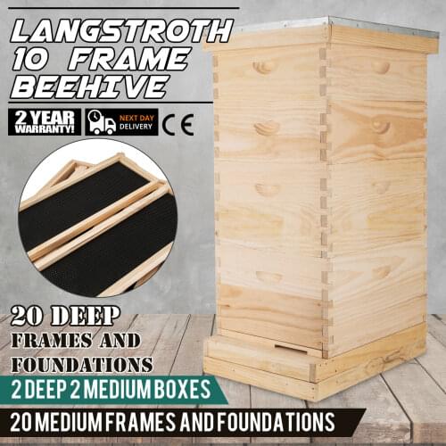 Langstroth Bee Hive 10 Frame 2 Deep 2 Medium Beekeeping Equipment Complete Kit(Includes all Frames & Foundations)