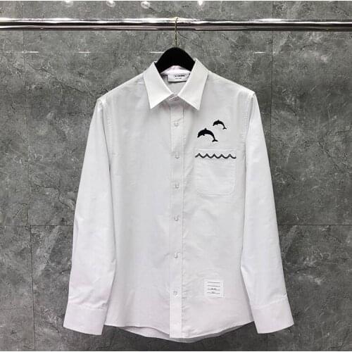 2021 Fashion TB THOM Brand Shirts Men Slim White Long Sleeve Casual Shirt Dolphin Pattern Oxford Fabric Solid Mens Clothing