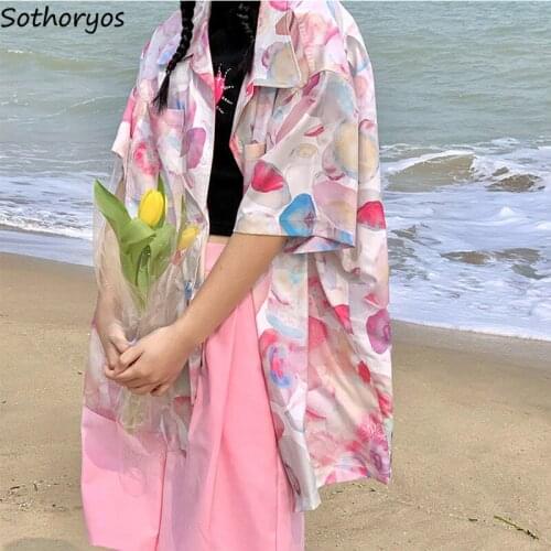 Pink Print Shirts Women Sweet Oversize All-match Casual Fashion Harajuku Sun Protection Chic Tops Girls Holiday Retro Streetwear