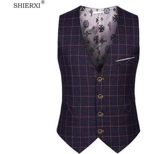 SHIERXI Top Seller Spring Autumn New Man Suit Vest Fashion Slim Fit Thin Grid Plaid Men waistcoat Tops Free Shipping