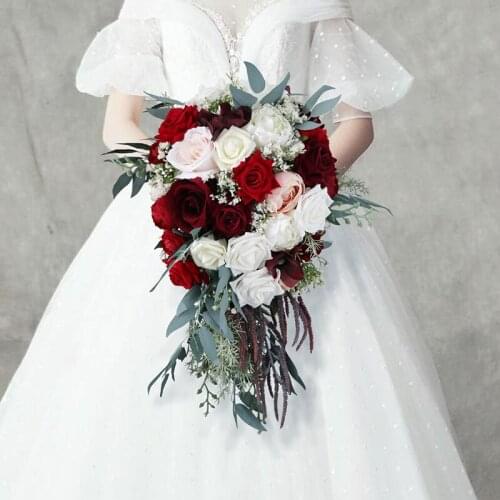 Burgundy Waterfall Wedding Bride Bouquet Hand Tied Flower Decor Home Party Rose Wedding Flowers boda colección