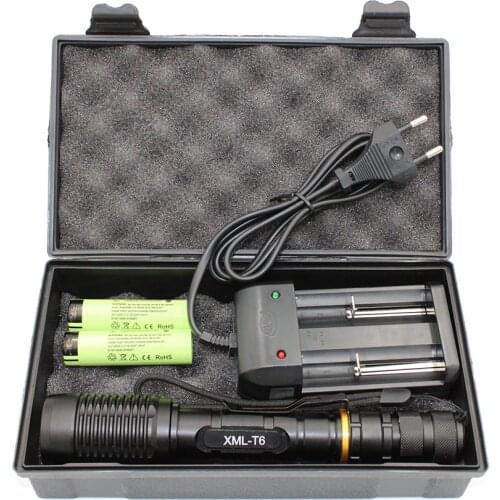 T6 LED Zoom Flashlight XM-L White Light Rechargeable Torch Outdoor Fishing Hunting Lamp + 18650 Battery + Charger + Box