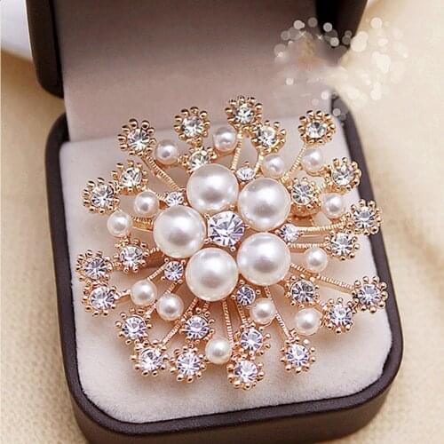 2021 New Fashion Imitation Pearl Rhinestone Crystal Flower Brooches for Women Wedding Bridal Party Round Bouquet Brooch Pin
