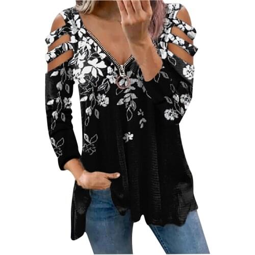 Fashion Women Футболка Оверсайз T-shirts Printed Long Sleeve Roupas Femininas V-neck Zipper Casual Tops T-shirt Fast Shipping