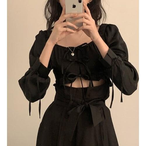 Women Sets Spring And Autumn New Korean Square Neck Sexy Long Sleeve Shirt Lace-up Skirt Harajuku Vintage Punk Size Dropshipping