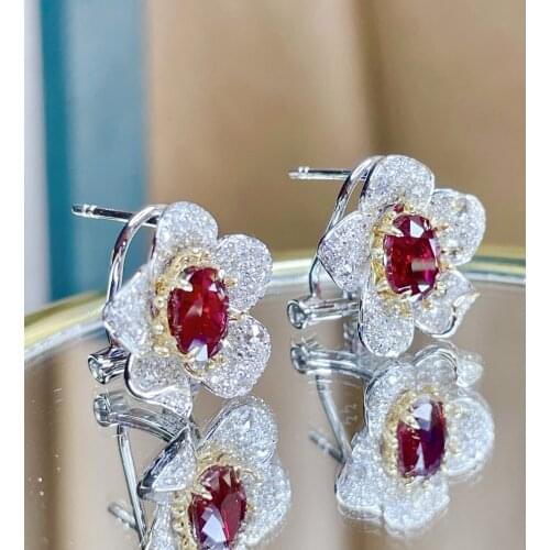 LR Real Solid 18K Gold AU750 Nature 2.35ct Pigeon Blood Red Ruby Female Earrings Fine Gift women Stud Earrings