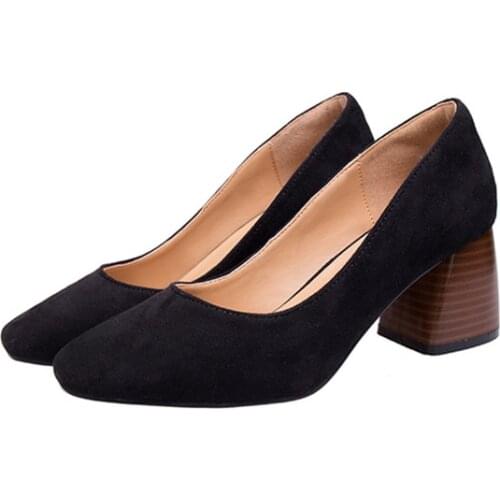 Hot Style Women High-heeled Shoes Women Fashion Shallow Flock Shoes Square Mid Heel Square Toe Pumps Lady Offiec Shoes Free Ship