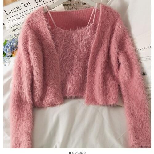 Autumn Sexy 2 Piece Sets Cardigan Sweater Women Slim Elegant Short Knitted Coat Women Sexy Tank Top Suits Cropped Sweaters