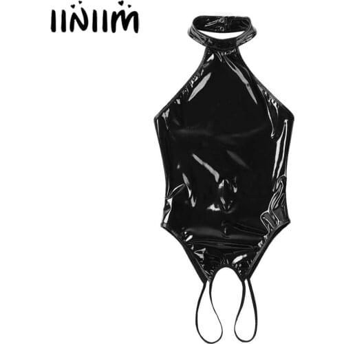 Womens Wetlook Clubwear Teddies Lingerie Costumes Latex Backless Open Crotch Hot Porno Babydoll Sissy Open Butt Bodysuit Bodycon