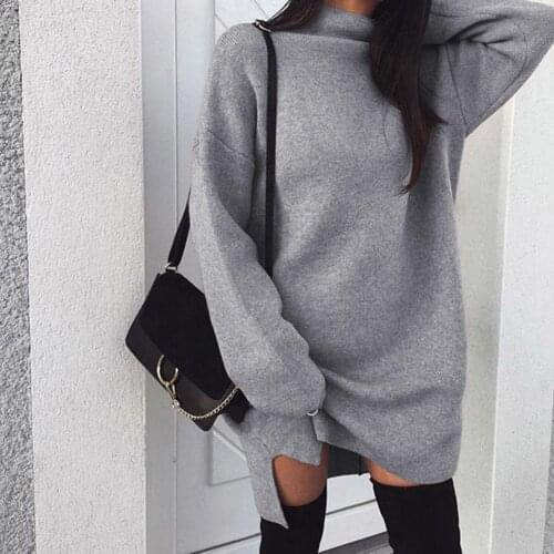 ZITY Women Casual High Collar Dress Long Sleeve Jumper Solid Knitwear Pullover Regular Size Solid Autumn Winter Clothes