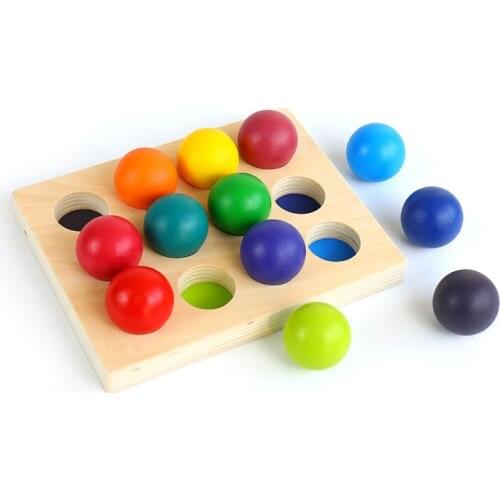 12 Colors Montessori Kids Wooden Toys Color Sorting Wood Balls Rainbow & Pastel Sphere With Tray Unpaint Cup Peg Dolls And Rings