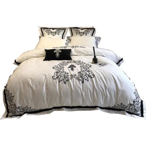 4/6/7 pieces Egyptian Cotton bedding set queen king size linens white bedsheets black embroidery duvet cover pillow case 60*60cm