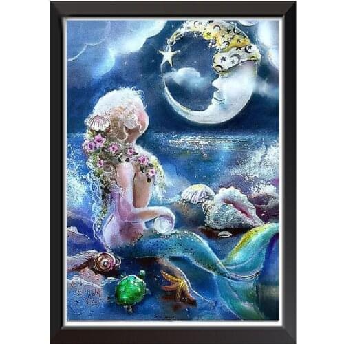 5D DIY Diamond Painting Mermaid and Moon Full Square Diamond Embroidery Fantasy Art Rhinestone Mosaic Sale Home Decor A2283