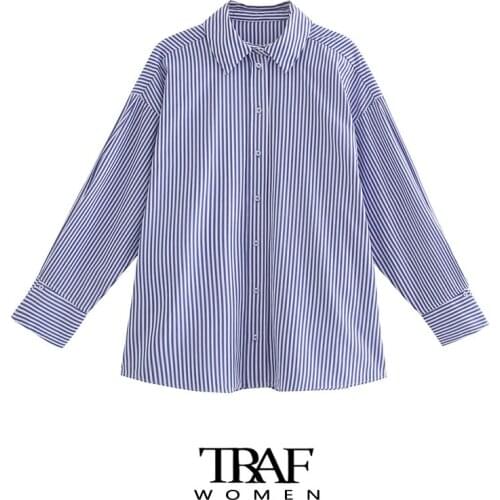TRAF Za Women Fashion Oversized Striped Poplin Blouses Vintage Long Sleeve Button-up Female Shirts Chic Tops