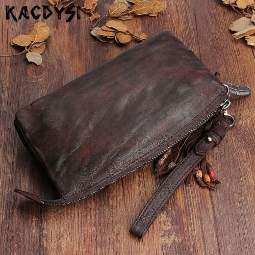 2020 Design Top Layer Genuine Sheepskin Leather Long Mens Wallets Retro Purse Handmade Wallet Card Holder Day Clutches Wristlets